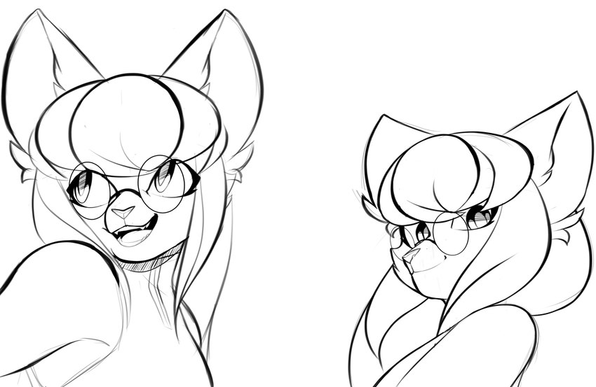 anthro eyewear femboy fluffy_ears glasses hair long_hair looking_at_viewer looking_back male sleeveless_shirt smile solo ileomaru maru_(ileomaru) domestic_cat felid feline felis mammal absurd_res hi_res monochrome sketch