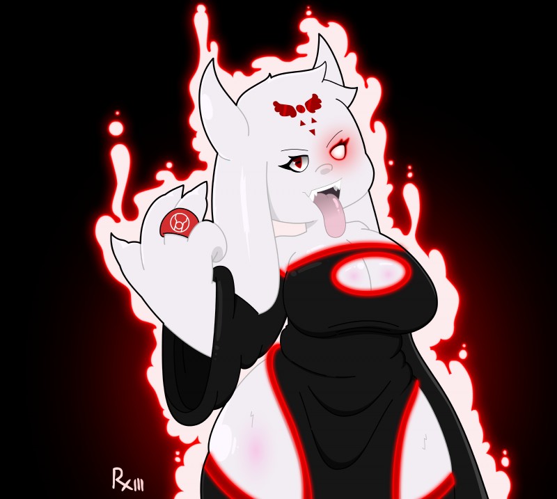 anthro big_breasts breasts clothing female fur horn long_ears looking_at_viewer open_mouth red_eyes solo teeth tongue tongue_out white_body white_fur blanagami dc_comics red_lantern_(series) undertale undertale_(series) toriel boss_monster_(undertale) bovid caprine mammal absurd_res crossover hi_res