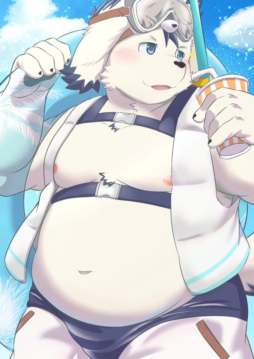 anthro belly blue_eyes bulge clothing eyewear fur goggles harness leather leather_harness male moobs navel nipples overweight solo swimwear topwear vest white_body white_fur nazebesu_hobby tamacolle tajima_(tamacolle) canid canine canis domestic_dog mammal hi_res