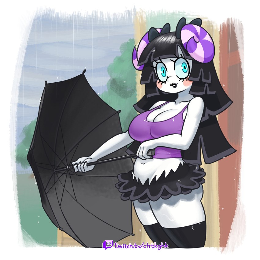 anthro big_breasts black_hair black_lipstick breasts cleavage clothed clothing female hair legwear lipstick looking_at_viewer makeup midriff navel open_mouth open_smile raining shirt smile solo tank_top thigh_highs topwear umbrella minus8 animal_crossing nintendo muffy_(animal_crossing) bovid caprine mammal sheep 1:1 absurd_res hi_res