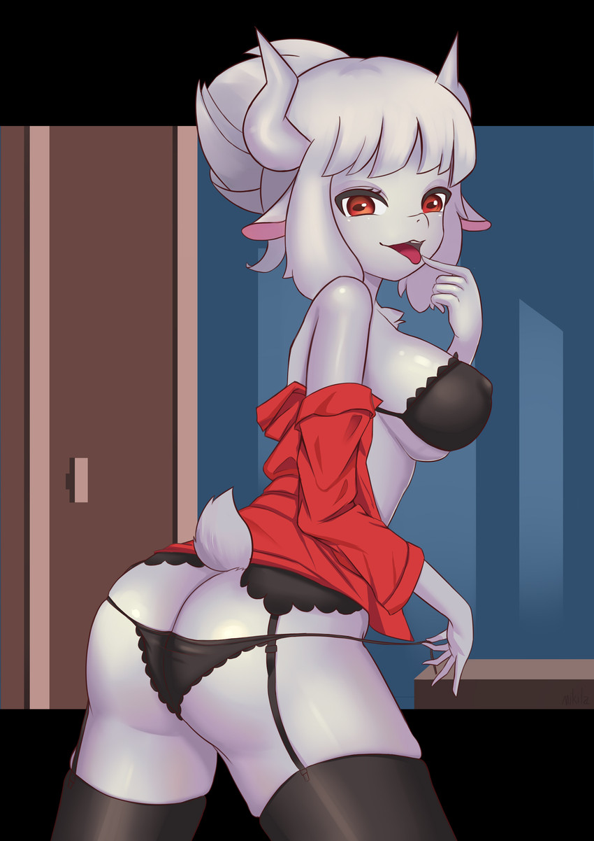 alternate_species anthro black_bottomwear black_clothing bottomwear bra breasts butt clothed clothing female frilly fur furrification garter_belt garter_straps hair horizontal_pupils horn legwear lingerie looking_at_viewer open_mouth panties pupils rear_view red_clothing red_eyes red_topwear shirt smile solo stockings thigh_highs tied_hair topwear underwear white_body white_fur white_hair white_horn miklia helltaker goat_lucifer_(helltaker) bovid caprine goat mammal hi_res