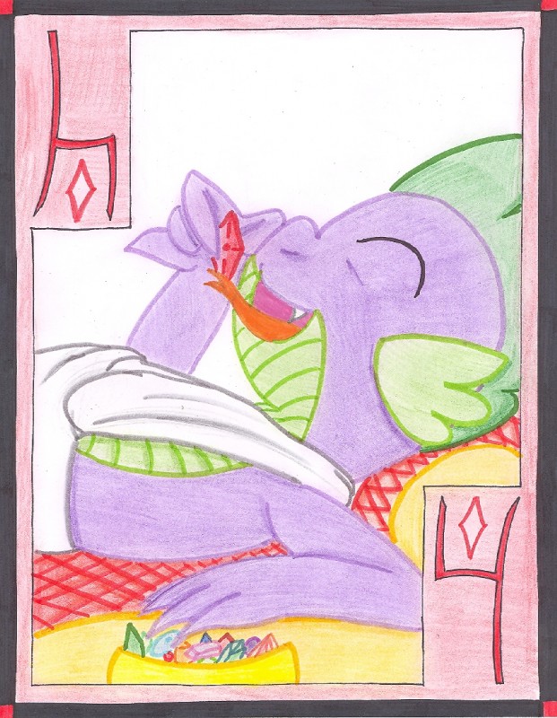 card clothing diamonds_(suit) eating four_of_diamonds gem male number playing_card smile solo suit_symbol toga the1king friendship_is_magic hasbro my_little_pony mythology spike_(mlp) dragon mythological_creature mythological_scalie scalie traditional_media_(artwork)