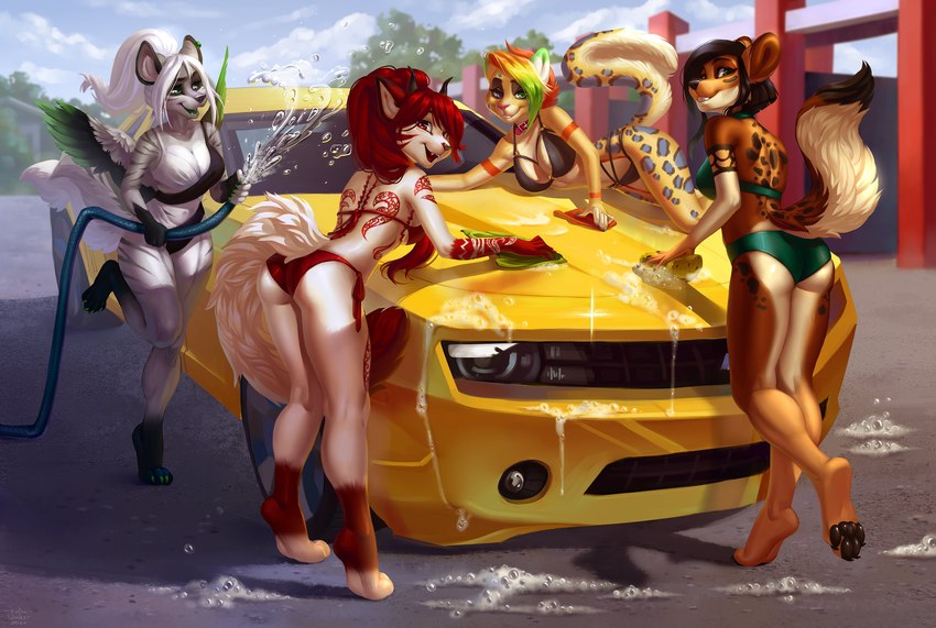 anthro barefoot big_breasts bikini black_bikini black_clothing black_markings black_nose black_pawpads black_swimwear blonde_hair breasts bubble butt car car_wash claws cleavage clothed clothing cloud collar countershade_butt countershade_legs countershade_tail countershade_thighs countershade_torso countershading day detailed_background dipstick_ears ear_markings ear_piercing ear_ring facial_markings feathered_wings feathers feet female finger_claws fur gloves_(marking) green_bikini green_claws green_clothing green_eyes green_hair green_swimwear green_tongue grey_body grey_fur grey_nose grey_stripes group hair head_markings heterochromia horn hose leaning leaning_forward leg_markings long_hair looking_at_another looking_at_viewer looking_back lying markings mask_(marking) multicolored_ears multicolored_hair o-ring_bikini on_car on_hood orange_hair outside pawpads piercing ponytail purple_eyes red_bikini red_clothing red_eyes red_hair red_markings red_swimwear red_tongue ring_piercing soapy socks_(marking) sponge spots spotted_body spotted_fur standing string_bikini stripes suds swimwear tail tan_body tan_fur teal_claws tiptoes toe_claws tongue two-piece_swimsuit two_tone_bikini vehicle washcloth washing_car water white_bikini white_body white_clothing white_fur white_hair white_swimwear wings yellow_body yellow_car yellow_fur koda_walker chevrolet chevrolet_camaro general_motors angelique_quina enreeu melissa_(daniothewolf) redhood_(redhood1whale) canid canine felid feline leopardus mammal ocelot 2020 absurd_res dated digital_media_(artwork) hi_res shaded signature