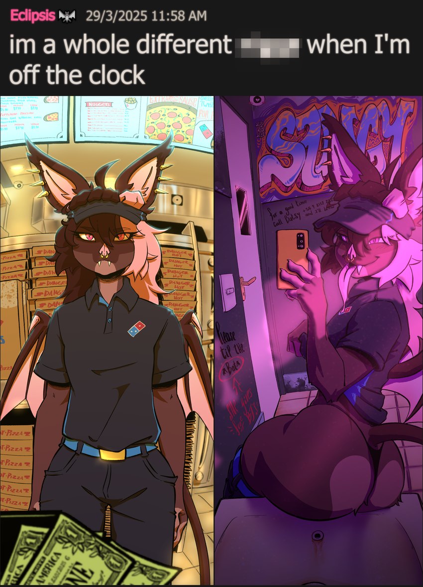 bathroom butt censored_text clothing electronics employee food hair money phone photo piercing pink_hair pizza selfie tail thick_thighs uniform work workplace sangy domino's_pizza eclipsis bat mammal absurd_res hi_res
