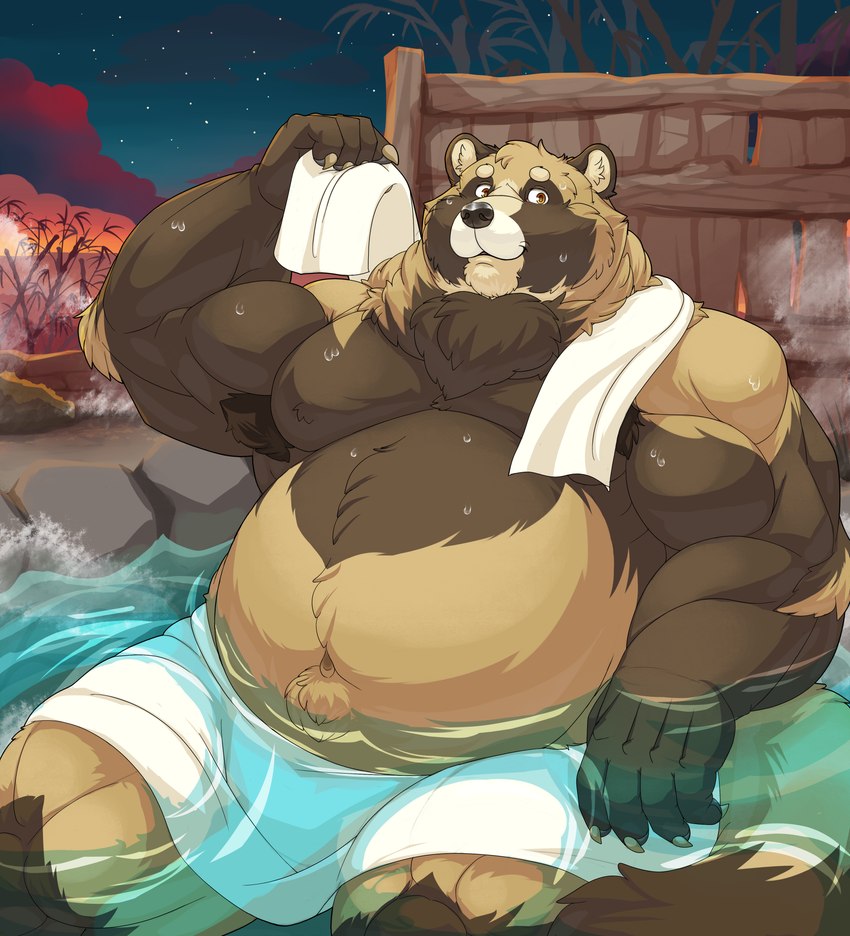 anthro bathing belly black_nose brown_body brown_fur detailed_background fur humanoid_hands male musclegut muscular outside overweight overweight_male sitting solo towel water cinna-tree canid canine mammal raccoon_dog tanuki 2024 absurd_res hi_res