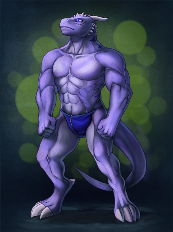 abs anthro athletic biceps big_muscles biped claws clothed clothing flexing front_view glowing glowing_eyes horn jewelry male muscular muscular_anthro muscular_male necklace pecs pose purple_body purple_eyes scales solo speedo standing swimwear tail toe_claws topless zipper zipper_speedo zipper_swimwear unknown_artist mythology ihvon dragon mythological_creature mythological_scalie scalie hi_res