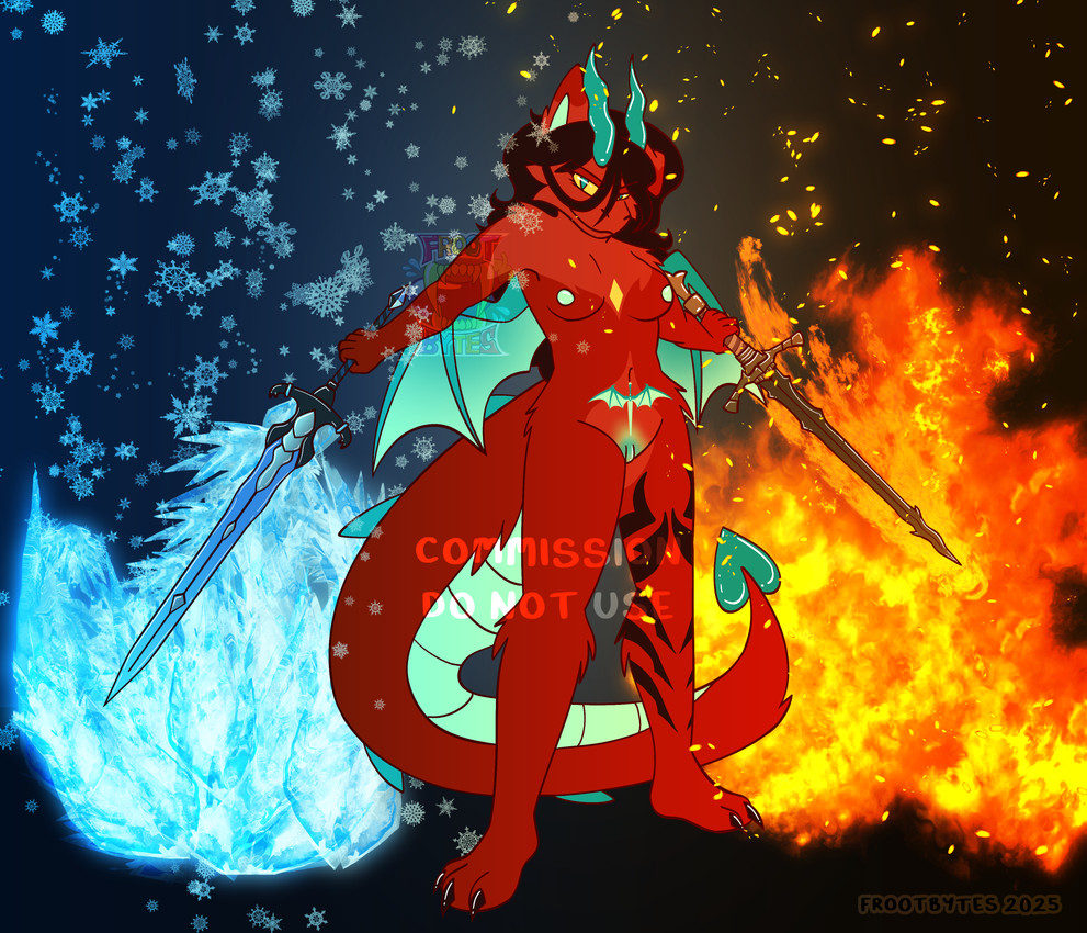 anthro areola belly_tattoo big_clitoris big_tail black_hair breasts claws clitoris dual_wielding elemental_manipulation female fingers fire fire_manipulation flaming_sword folded_ears fur furry_tail genitals hair holding_object holding_weapon horn ice ice_manipulation ice_sword leg_tattoo long_hair long_tail looking_at_viewer magic magic_user medium_breasts melee_weapon membrane_(anatomy) membranous_wings multicolored_body multicolored_fur multicolored_tail nipples nude red_body red_fur red_tail scales scaly_tail simple_background smile solo spade_tail spiked_tail spikes spikes_(anatomy) spread_wings sword tail tattoo teal_tail text thigh_tattoo tuft vulva weapon wings conditional_dnp frootbytes mythology dragon furred_dragon furred_scalie mammal mythological_creature mythological_scalie scalie 2025 absurd_res artist_name colored dated digital_drawing_(artwork) digital_media_(artwork) hi_res signature watermark