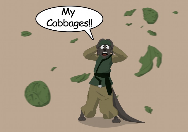 alternate_species anthro barefoot biped cabbage clothed clothing dialogue feet food fully_clothed fur furrification grey_body grey_fur hand_on_head hat headgear headwear male plant simple_background solo standing startled tan_background text vegetable whiskers alibiwolf avatar:_the_last_airbender nickelodeon cabbage_merchant mammal mustelid otter 2018 absurd_res cel_shading comic digital_drawing_(artwork) digital_media_(artwork) english_text hi_res shaded