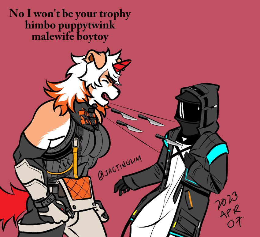 angry anthro clothed clothing dialogue duo fully_clothed fur horn humor knife male mask muscular muscular_anthro muscular_male tan_body tan_fur text white_body white_fur jactinglim arknights hypergryph studio_montagne woman_shouting_knives doctor_(arknights) hung_(arknights) canid canine canis domestic_dog human mammal english_text meme