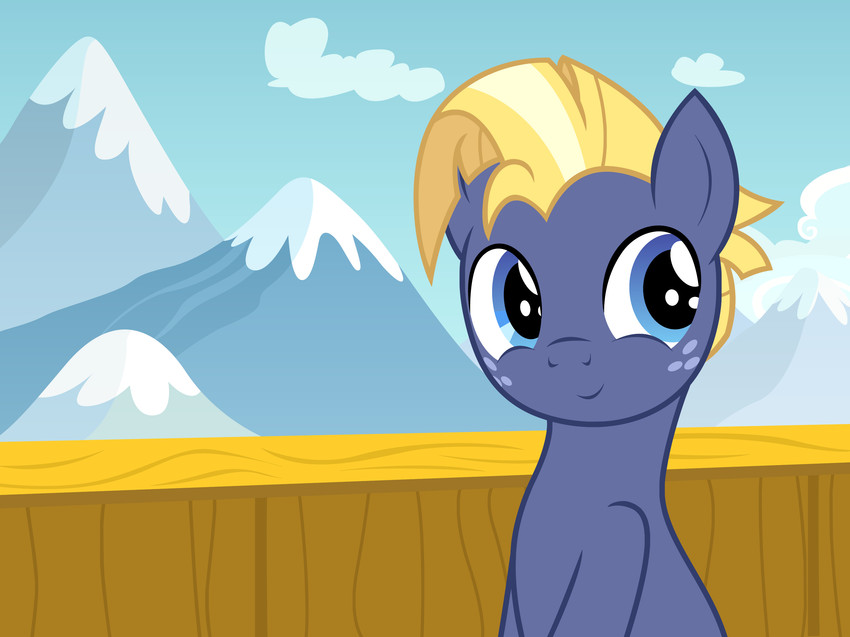 blonde_hair blue_eyes freckles hair looking_up male mountain sitting snow snow_cap solo badumsquish friendship_is_magic hasbro my_little_pony star_tracker_(mlp) equid equine horse mammal pony 2021 hi_res