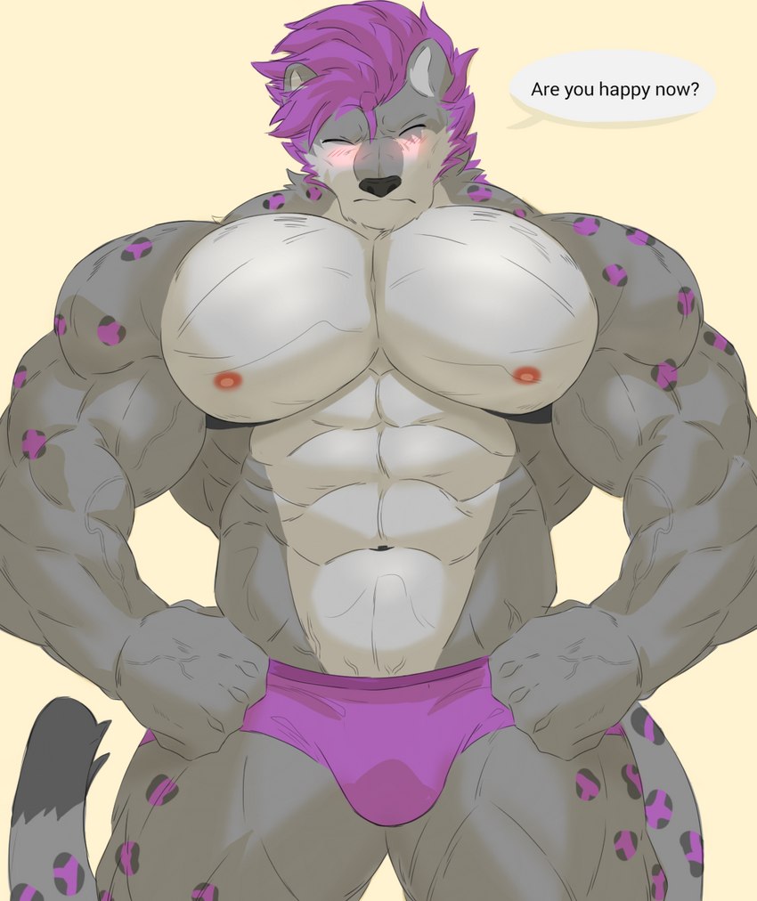 abs anthro barazoku biceps blush clothing hair male muscular muscular_anthro muscular_male nipples pecs purple_clothing purple_hair purple_underwear shy solo spots underwear reachea ja'aran_(sona) domestic_cat felid feline felis mammal pantherine snow_leopard hi_res