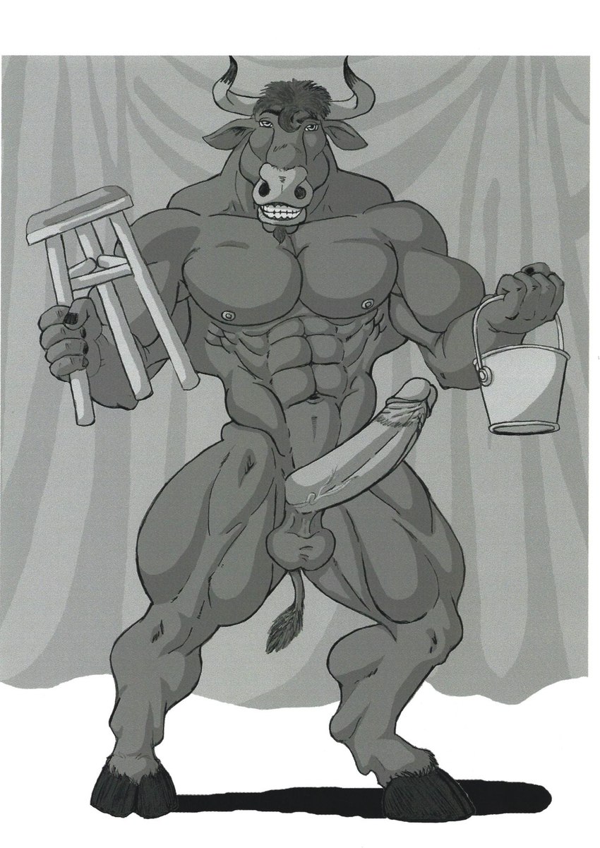 abs anthro big_muscles big_penis bucket container curtains furniture genitals holding_object hooves horn humanoid_genitalia humanoid_penis male muscular pecs penis smile solo stool tail tail_tuft tuft sudonym bovid bovine cattle mammal hi_res