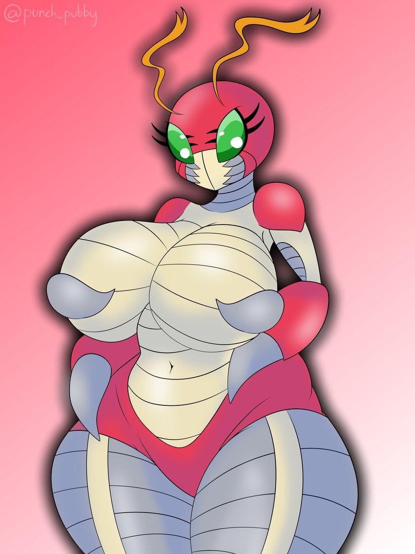 antennae_(anatomy) anthro big_breasts breasts curvy_figure featureless_crotch female green_eyes huge_breasts navel non-mammal_breasts solo thick_thighs voluptuous wide_hipped_female wide_hips punch_pubby bandai_namco digimon arthropod digimon_(species) insect tentomon 2024 3:4 absurd_res hi_res