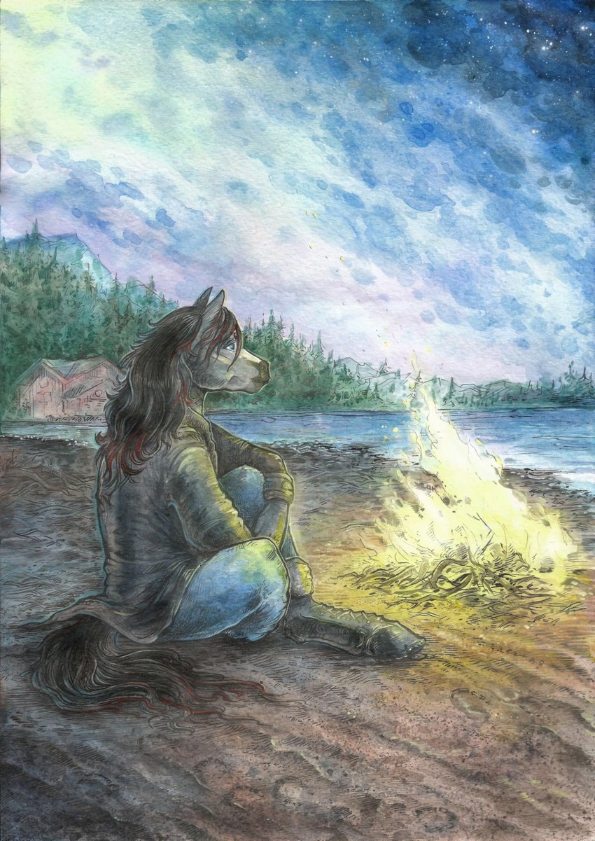 anthro beach black_hair blaze_(marking) boots bottomwear cabin campfire clothing coat crossed_legs dusk facial_markings fire footwear fur furgonomic_footwear furgonomics grey_body grey_fur hair head_markings highlights_(coloring) holding_leg hoof_boots jacket lake looking_away male markings mountain pants plant red_highlights shoes shoreline sitting sky solo tail topwear tree taski_guru crimson_storm equid equine horse mammal 2020 hi_res