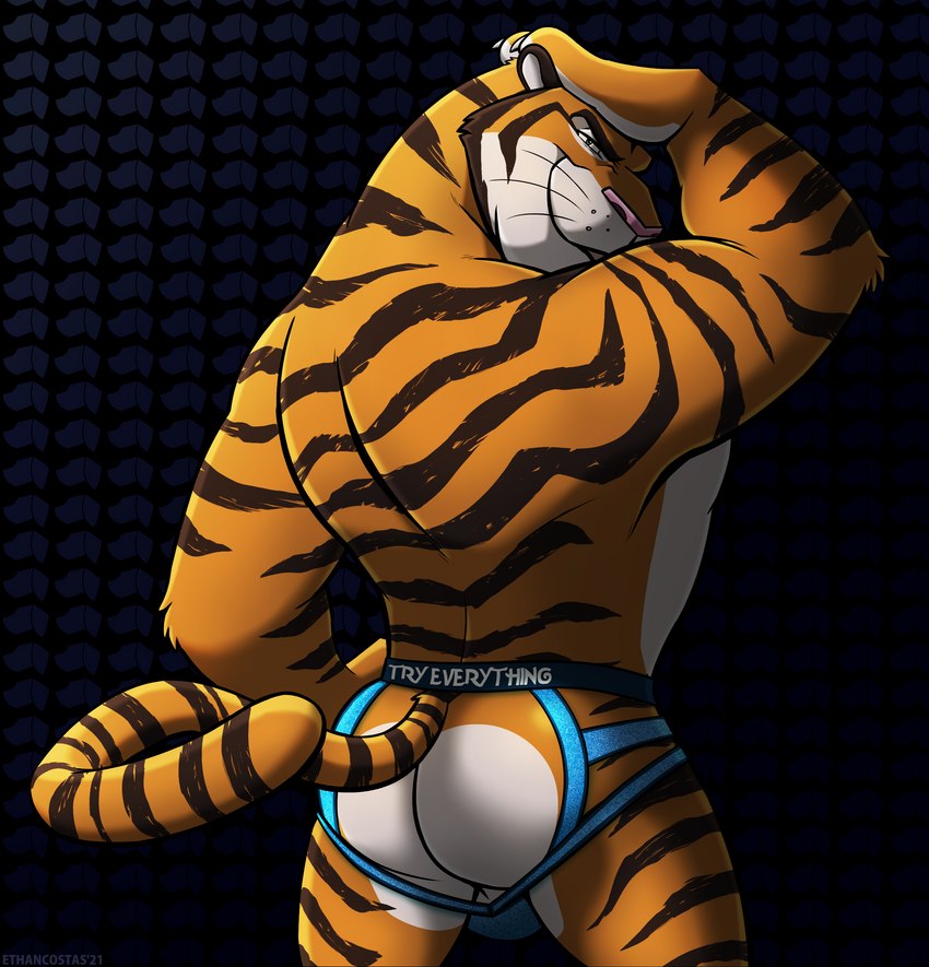 anthro bedroom_eyes bulge butt clothed clothing fur jockstrap jockstrap_only looking_at_viewer looking_back looking_back_at_viewer male narrowed_eyes orange_body orange_fur perineum pose rear_view seductive solo striped_body striped_fur stripes tail text text_on_clothing text_on_jockstrap text_on_underwear topless underwear underwear_only ethancostas disney zootopia tiger_dancer_(zootopia) felid mammal pantherine tiger 2023 absurd_res hi_res pinup