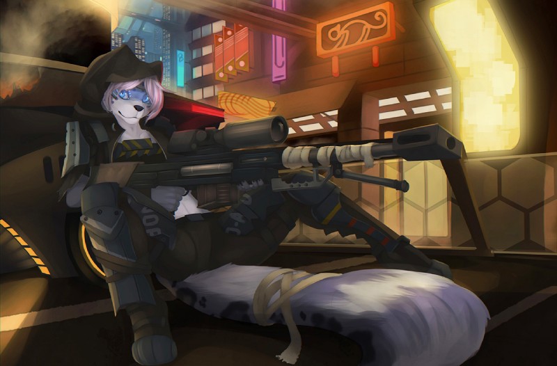 anthro armor bad_trigger_discipline biped black_nose blue_eyes city clothed clothing detailed_background female fluffy fluffy_tail gun hair looking_at_viewer night pink_hair ranged_weapon rifle sitting smile sniper sniper_rifle solo spread_legs spreading tail weapon merrunz segolia felid mammal pantherine snow_leopard digital_media_(artwork) shaded