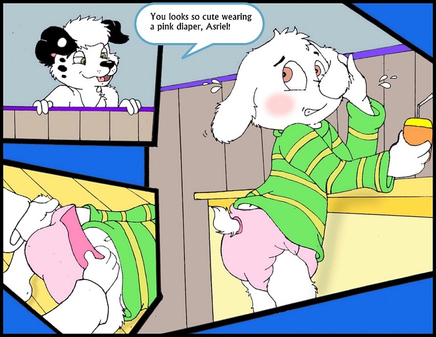 blush bottomwear clothed clothing diaper diaper_change female male pattern_clothing pattern_shirt pattern_topwear shirt solo striped_clothing striped_shirt striped_topwear stripes topwear underwear wearing_diaper young nelson88 undertale undertale_(series) asriel_dreemurr toriel bovid canid canine caprine mammal