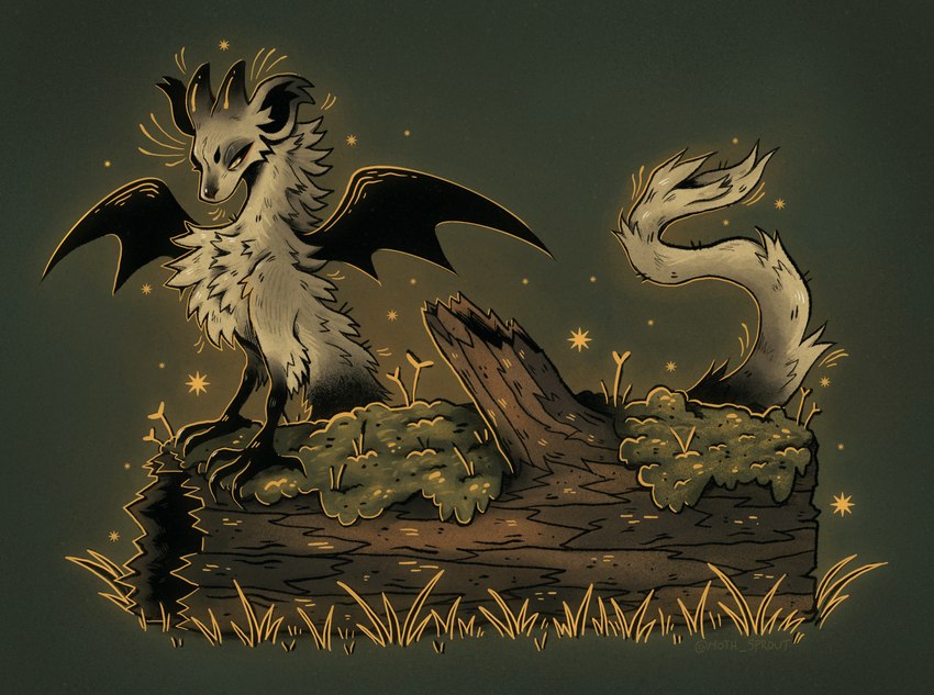 ambiguous_gender feet feral fur grass horn membrane_(anatomy) membranous_wings moss plant simple_background solo tail talons toes tree tree_trunk white_body wings moth_sprout mythology dragon furred_dragon furred_scalie mythological_creature mythological_scalie scalie hi_res