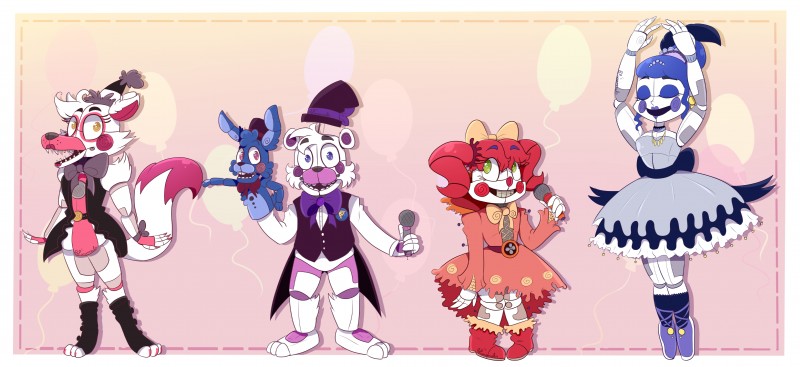 ballerina ballet bottomwear clothing dance_shoes dancewear dancing en_pointe fifth_position_arms_(ballet) footwear group machine pointe_shoes shoes skirt tutu pop-animals_(artist) five_nights_at_freddy's scottgames sister_location ballora_(fnafsl) circus_baby_(fnaf) funtime_foxy_(fnaf) funtime_freddy_(fnafsl) puppet_bonnie_(fnafsl) animatronic bear canid canine fox humanoid lagomorph leporid mammal rabbit robot 2016 absurd_res hi_res