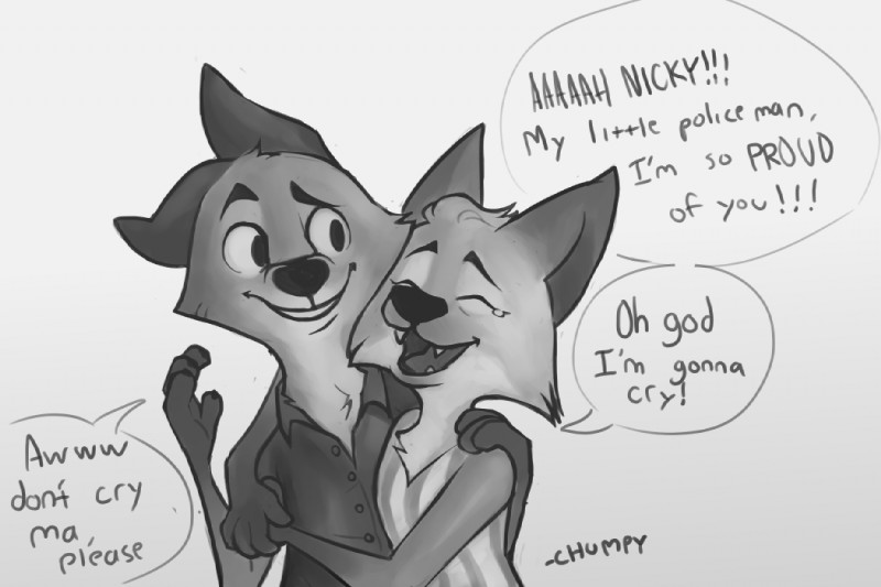 anthro bodily_fluids clothed clothing dialogue duo eyes_closed female fur hug male mature_anthro mature_female speech_bubble tears text chumpy disney zootopia mrs._wilde nick_wilde canid canine fox mammal red_fox true_fox 2016 3:2 english_text monochrome mother_(lore) parent_(lore) son_(lore)