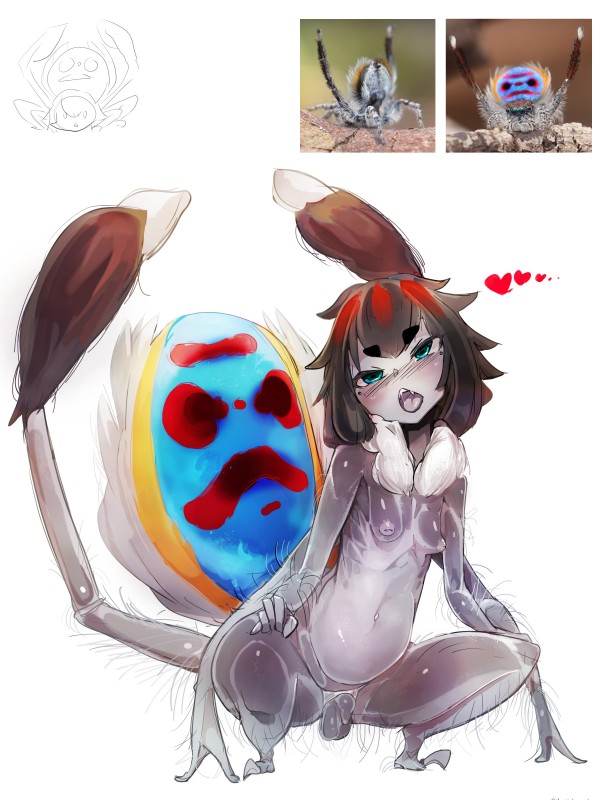 4_arms balls blue_eyes blush bodily_fluids breasts crouching detailed_lighting genitals gynomorph hair hairy heart_symbol intersex inverted_nipples multi_arm multi_limb multicolored_body multicolored_hair multicolored_skin neck_tuft nipples open_mouth penis purple_body purple_skin real red_hair saliva simple_background small_breasts solo tongue tuft two_tone_body two_tone_hair two_tone_skin my700 animal_humanoid arachnid arachnid_humanoid araneomorph arthropod arthropod_humanoid humanoid jumping_spider peacock_spider spider spider_humanoid 3:4 absurd_res hi_res reference_image