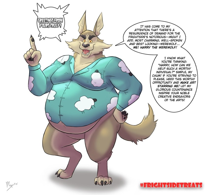 anthro bottomless clothed clothing male moobs obese overweight overweight_male pantsless shirt shirt_only simple_background solo speech_bubble standing text topwear topwear_only white_background spiritfoxzilla mythology scary_godmother harry_the_werewolf canid canine canis mammal mythological_canine mythological_creature werecanid werecanine werecreature werewolf wolf english_text hi_res