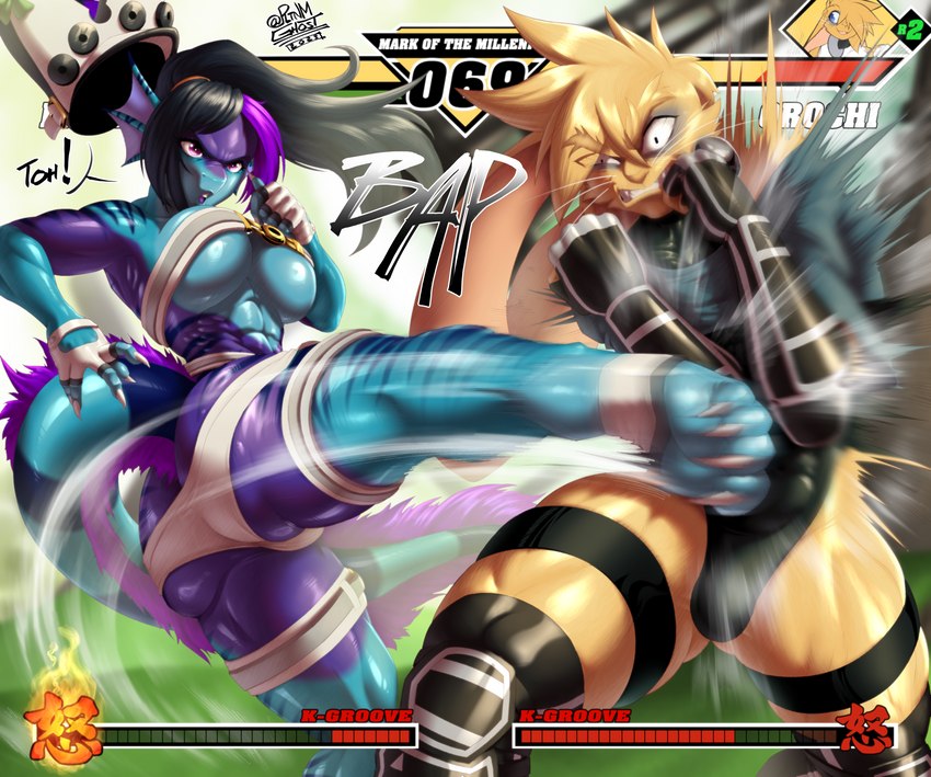 4_toes 5_fingers abs anthro armwear belt belt_bra belted_breasts big_breasts big_butt black_hair bloodshot_eyes blue_body breasts bulge butt camel_toe cjk_character claws cleavage clenched_teeth clothed clothing duo ear_frill elbow_gloves eyebrows eyeshadow feet female fight fighting_game_ui fingerless_gloves fingers frill_(anatomy) fur gameplay_mechanics gloves gui hair handwear health_bar highlights_(coloring) humanoid_feet humanoid_hands kick legband long_ears long_hair makeup male male/female midriff multicolored_body muscular muscular_female muscular_male muscular_thighs onomatopoeia open_mouth outside panties plantigrade ponytail purple_body purple_eyes quads raised_arms serratus soles sound_effects speech_bubble spread_legs spreading stirrup_footwear striped_body striped_skin stripes tail teeth text thick_eyebrows thick_thighs tight_clothing toes two_tone_body under_boob underwear unitard user_interface whiskers wide_hips yellow_body yellow_fur pltnm06ghost capcom capcom_vs._snk mythology snk 0r0 exenthal dragon fish furred_dragon furred_scalie hybrid lagomorph leporid mammal marine mythological_creature mythological_scalie rabbit scalie shark 2023 absurd_res english_text hi_res japanese_text signature