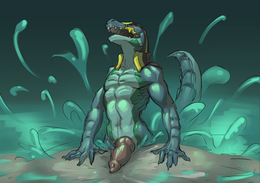 anthro emerging genitals knot knotted_penis lake male penis roaring sand slamming solo water wet conditional_dnp vonepitaph old_school_runescape runescape zebak crocodile crocodilian reptile scalie hi_res