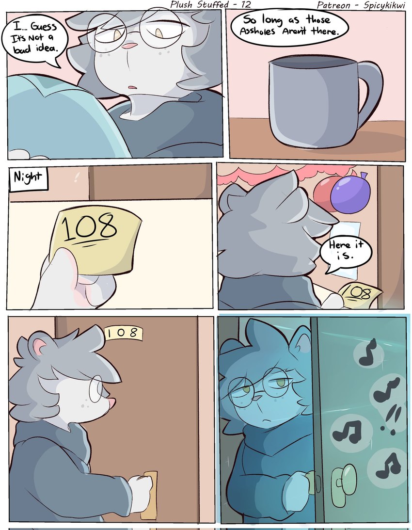 6_panel_comic anthro balloon blue_clothing blue_hoodie blue_topwear border cabinet clothed clothing container countertop cup dialogue door doorknob ellipsis exclamation_point eyewear first_person_view freckles front_view frown fur glasses grey_body grey_fur grey_hair hair holding_object hoodie horizontal_blockage inflatable inside looking_down male mug music musical_note musical_symbol nerd night open_mouth opening_door party pink_nose post-it_note profanity reading round_glasses side_view solo speech_bubble standing symbol text toony topwear unimpressed white_body white_border white_fur yellow_eyes spicykiwi edgar_(spicykiwi) american_opossum mammal marsupial virginia_opossum cel_shading comic english_text hi_res shaded