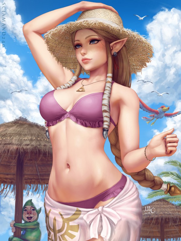 beach big_breasts bikini blonde_hair blue_eyes bracelet braided_hair breasts clothed clothing cloud detailed_ambient_creature detailed_background ear_piercing female female_focus feral group hair hat headgear headwear humanoid_focus humanoid_pointy_ears jewelry long_hair male necklace not_furry_focus outside piercing pointy_ears sarong seaside sky solo_focus swimwear two-piece_swimsuit sciamano240 nintendo the_legend_of_zelda twilight_princess crimson_loftwing princess_zelda tingle ambient_bird ambient_flier avian bird gull humanoid hylian lari larid loftwing mammal 2018 3:4 digital_media_(artwork) hi_res