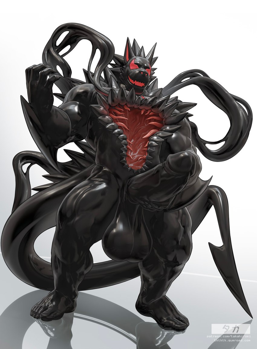 abs anthro arm_spikes balls biceps big_balls big_muscles big_penis black_body black_skin chest_markings claws elbow_spikes finger_claws fur genitals goo_suit horn humanoid_genitalia humanoid_penis male markings muscular muscular_anthro muscular_male muscular_thighs nipples nude pecs penis red_eyes red_markings red_sclera solo spade_tail spikes spikes_(anatomy) standing tail white_body white_fur takahirosi o_(takahirosi) canid canine mammal symbiote hi_res