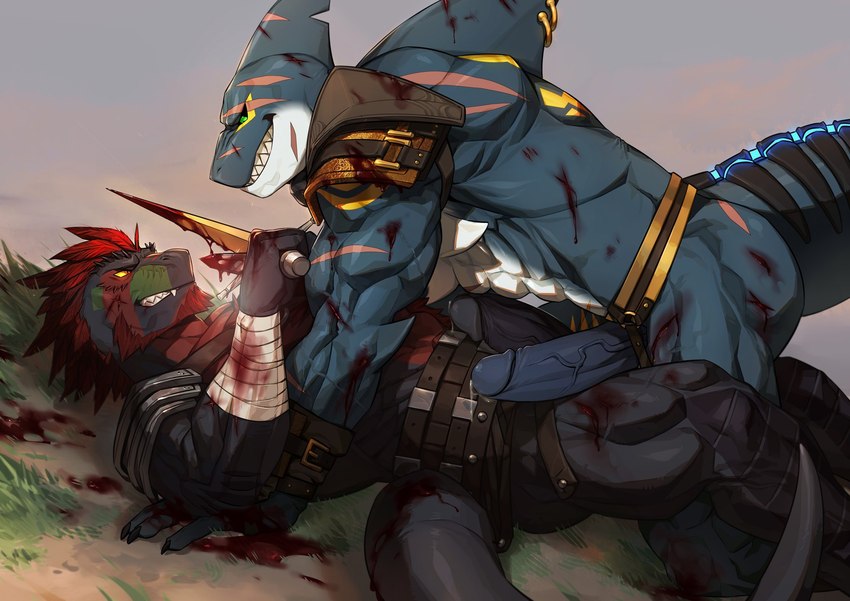 abs action_scene anthro anthro_on_anthro arm_markings arm_wraps back_markings beard belt biceps black_body black_scales black_sclera blood blood_on_arm blood_on_face blood_on_leg blood_on_sword blood_on_weapon blue_body blue_scales bodily_fluids breechcloth dirt duo facial_hair facial_scar fight fin fin_piercing furgonomics furry-specific_piercing genitals grass green_body green_eyes green_scales hair humanoid_genitalia humanoid_penis male male/male markings melee_weapon notched_fin obliques on_top pecs penis piercing pinned pinned_to_ground plant red_beard red_body red_facial_hair red_hair red_scales scales scar sharp_teeth shoulder_guards shoulder_markings sword swordfight teeth triceps vein veiny_penis weapon white_body white_scales wraps wrist_guards yellow_markings yellow_sclera li_geduld alvintanubis dylan_(alvintanubis) tagg dinosaur fish marine prehistoric_species reptile scalie shark theropod tyrannosaurid tyrannosauroid tyrannosaurus tyrannosaurus_rex 2022 hi_res