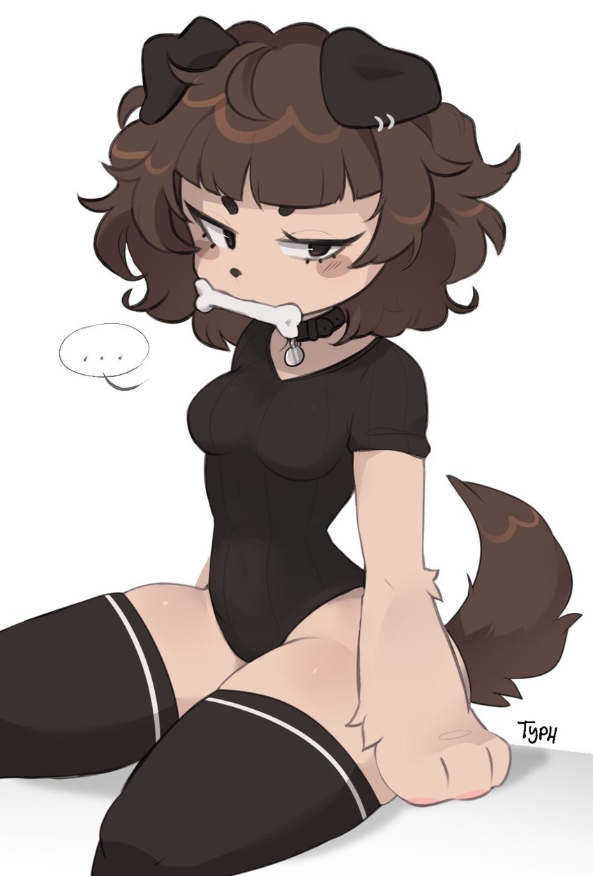 anthro bodysuit bone breasts brown_body brown_fur brown_hair clothing collar ear_piercing ear_ring female floppy_ears fur hair leggings legwear leotard piercing ring_piercing skinsuit solo speech_bubble stockings tight_clothing typh mimi_(typh) canid canine canis domestic_dog humanoid mammal hi_res