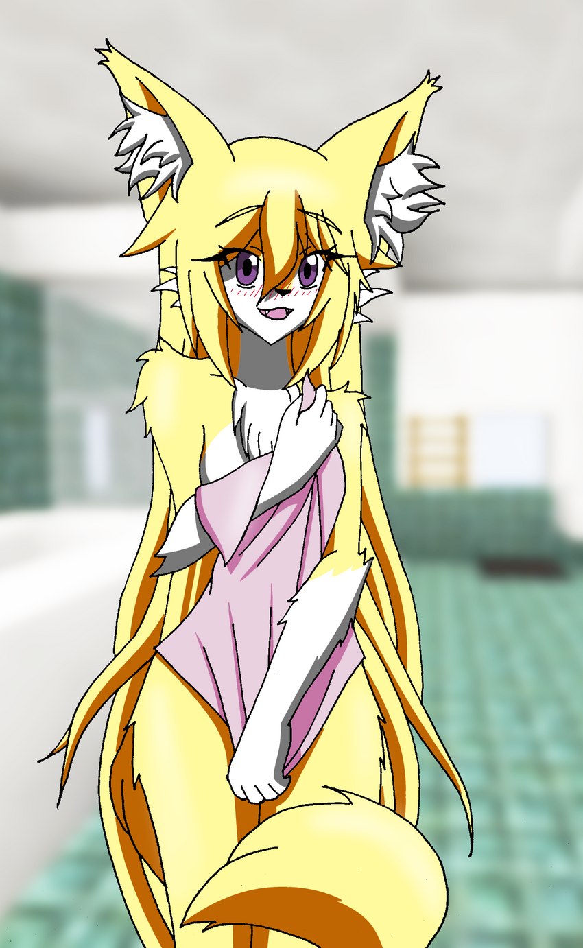 anthro bathroom belly blonde_hair blush breasts chest_tuft covering covering_breasts covering_crotch covering_self fangs female fur gloves_(marking) hair inner_ear_fluff long_hair looking_at_viewer markings nude open_mouth purple_eyes solo teeth towel towel_only tuft white_belly white_body white_fur yellow_body yellow_fur nikku_lunatique ouko_furinji canid canine canis fox mammal hi_res