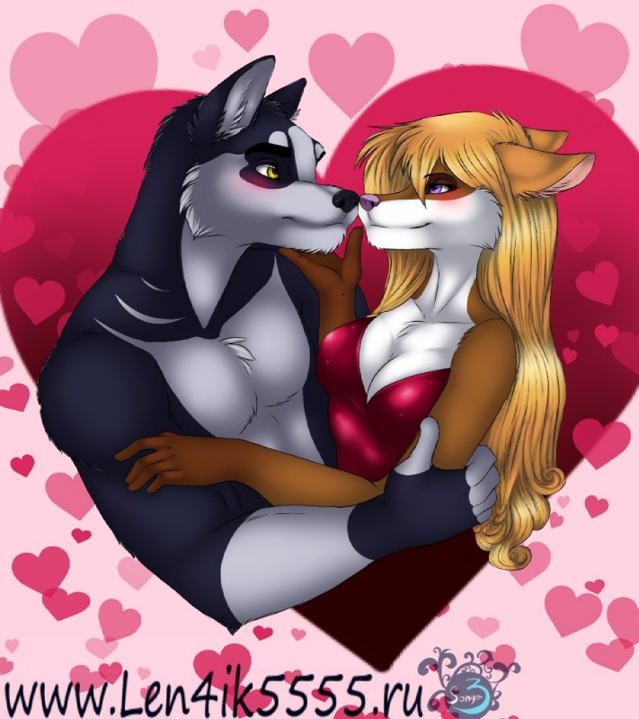 anthro breasts clothed clothing duo female fur hair heart_symbol hug male male/female smile len4ik555 canid canine mammal