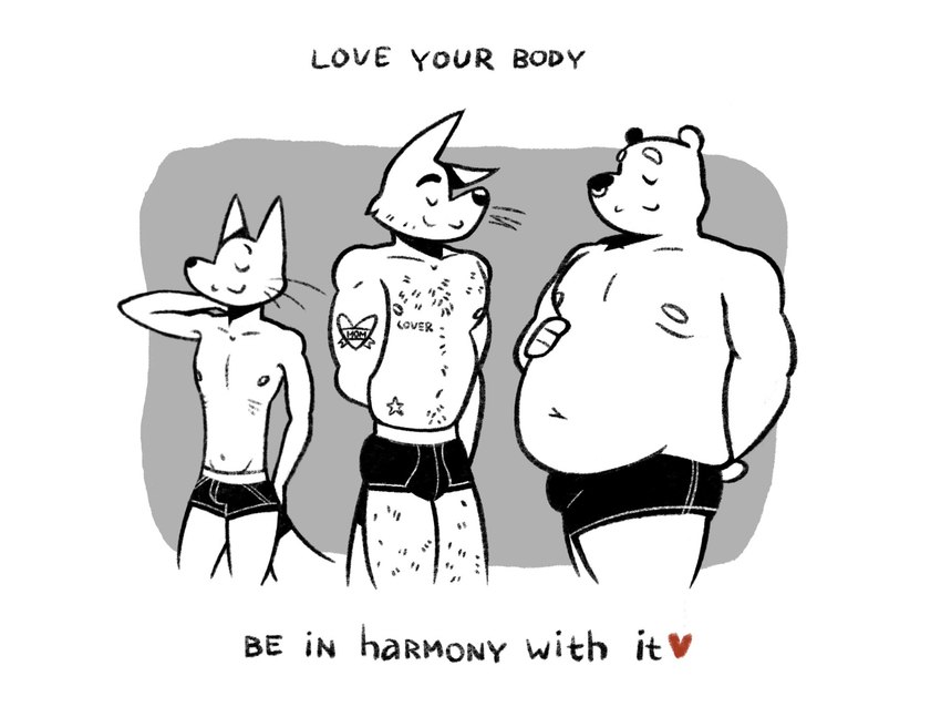 anthro athletic athletic_anthro athletic_male biped fur group male overweight overweight_anthro overweight_male shirtless_anthro shirtless_male slim_anthro slim_male text trio white_body white_fur soulfullhyena bear canid canine canis domestic_dog mammal 2024 4:3 english_text hi_res