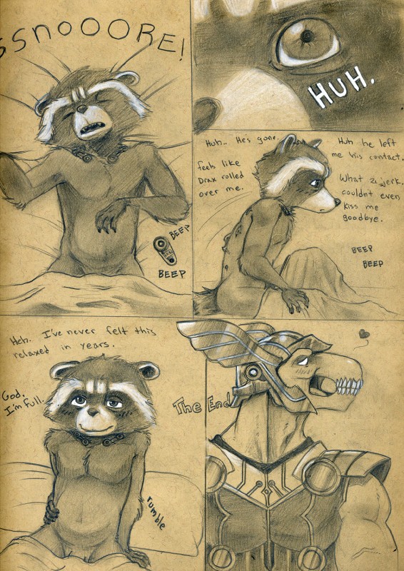 5_fingers anthro biceps bodily_fluids cum cum_inflation cum_inside dialogue duo fingers genital_fluids heart_symbol inflation male muscular onomatopoeia pecs sleeping smile snoring sound_effects teeth text vein tush_(artist) guardians_of_the_galaxy marvel thor_(series) beta_ray_bill rocket_raccoon alien korbinite mammal procyonid raccoon comic english_text hi_res