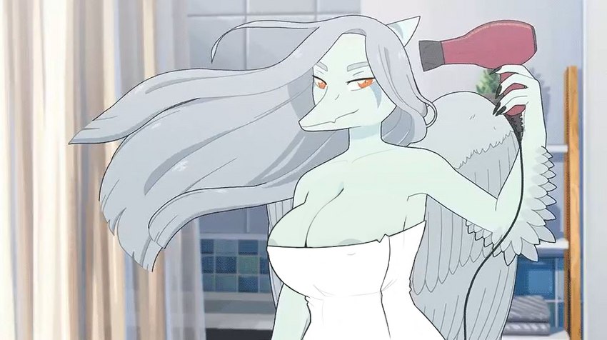 anthro areola areola_slip bedroom_eyes big_breasts breasts feathers female grey_hair hair long_hair narrowed_eyes non-mammal_breasts screencap_edit seductive solo towel wide_hips wings blackholedog1 ko_op third-party_edit goodbye_volcano_high fang_(gvh) dinosaur prehistoric_species reptile scalie