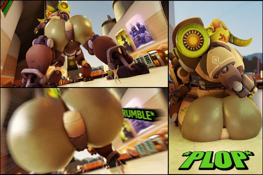 big_butt butt butt_crush clothing crush duo female horn huge_butt larger_female looking_back looming low-angle_view machine macro male micro multicolored_body not_furry plop presenting presenting_hindquarters sitting size_difference smaller_human text yellow_eyes worsesfm blizzard_entertainment overwatch orisa_(overwatch) human mammal omnic robot taur 3d_(artwork) absurd_res digital_media_(artwork) english_text hi_res