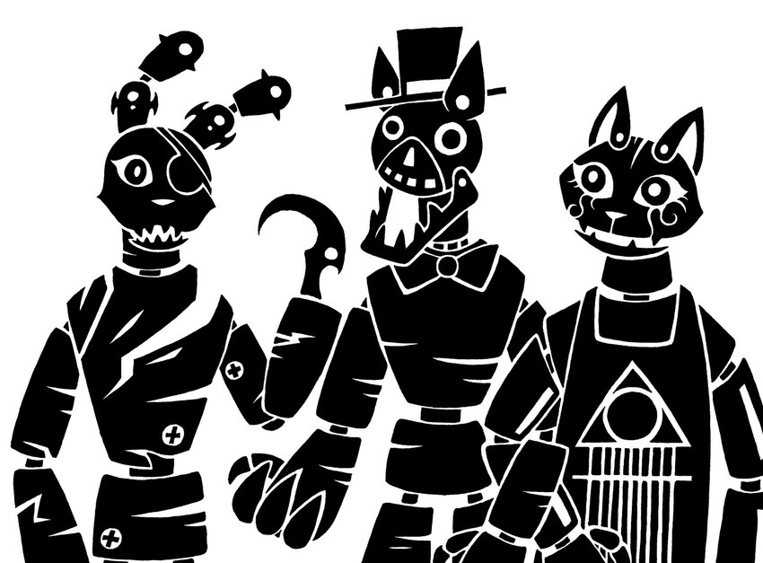 4_fingers alternate_species anthro biped bow_tie clothing entwined_arms eye_markings eye_patch eyewear fangs female female_anthro fingers front_view group hat headgear headwear hook hook_hand machine male male_anthro markings no_pupils pointy_ears prick_ears pupils screw sharp_teeth silhouette simple_background standing teeth top_hat trio white_background sunnyclockwork five_nights_at_freddy's pitch_haven scottgames scp_foundation scp-1913-1 scp-1913-3 scp-2999-a animatronic canid canine canis domestic_cat domestic_dog felid feline felis lagomorph leporid mammal rabbit robot 2014 black_and_white crossover digital_drawing_(artwork) digital_media_(artwork) half-length_portrait monochrome portrait