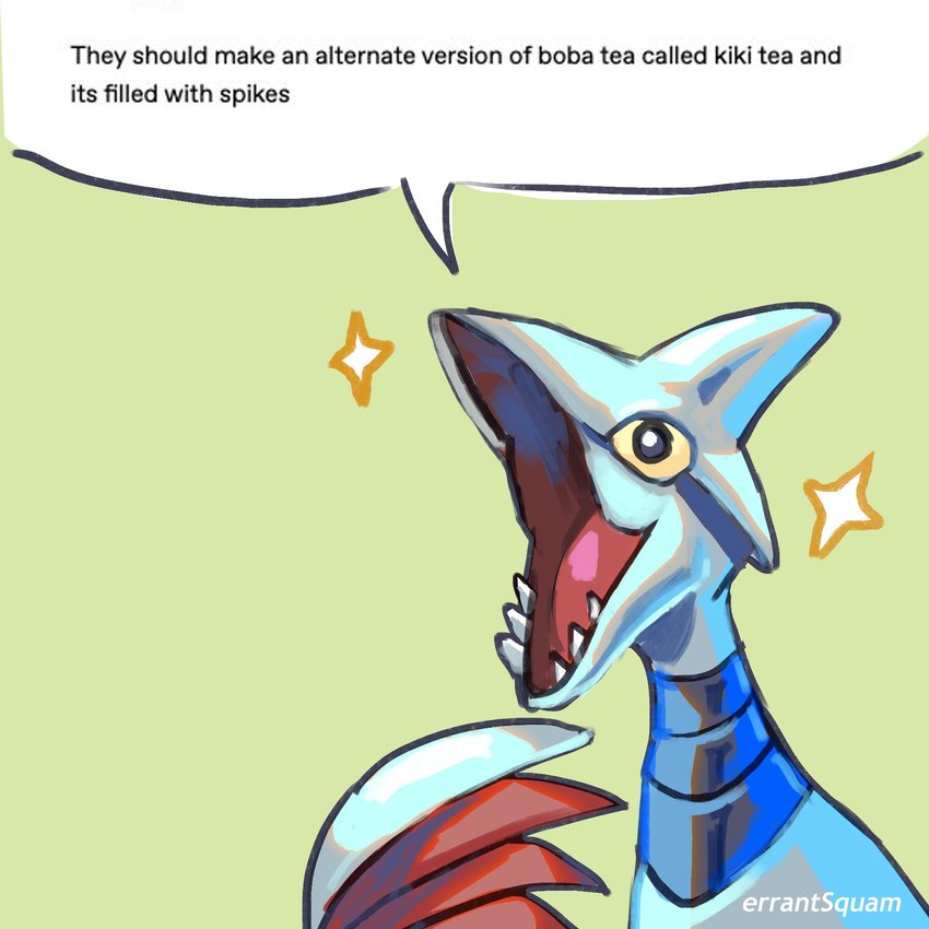 ambiguous_gender black_eyes bouba/kiki_effect dialogue feral green_background grey_body happy horn humor open_mouth pun red_body sharp_teeth simple_background solo sparkles speech_bubble teeth text tongue wings yellow_sclera errantsquam nintendo pokemon avian generation_2_pokemon pokemon_(species) skarmory 1:1 2024 artist_name english_text hi_res