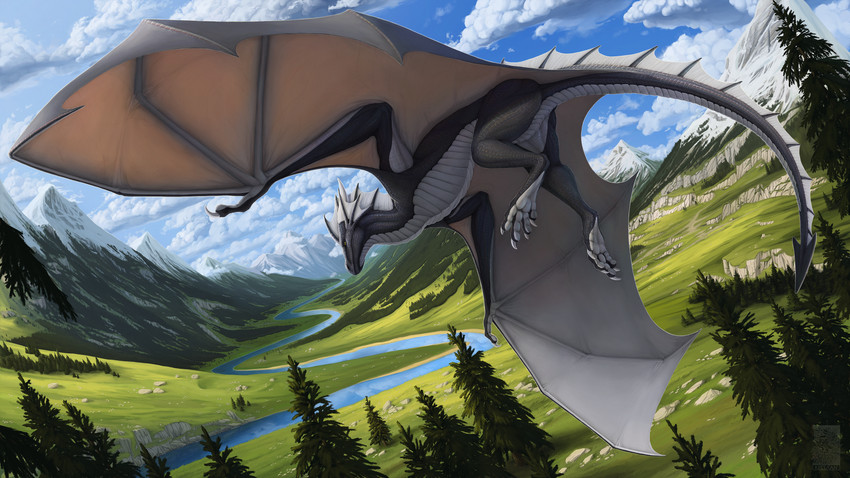 amazing_background ambiguous_gender claws day detailed_background dorsal_frill feral flying frill_(anatomy) frill_spines head_crest head_frill horn membrane_(anatomy) membranous_wings midair outside scales sky solo spines tail tail_frill wings keltaan european_mythology mythology morghus dragon mythological_creature mythological_scalie scalie western_dragon wyvern 16:9 2020 absurd_res detailed digital_media_(artwork) hi_res widescreen