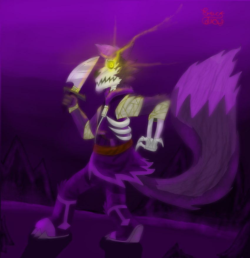 anthro bandage black_nose black_snout bone clothing coat detailed_background facial_markings fingers fur hair head_markings knife long_tail male markings marks_on_body purple_background purple_body purple_eyes purple_fur purple_hair simple_background skeleton smile solo tail teeth topwear yellow_eyes duqueofdingos ennibodaivy canid canine canis felid feline felis hybrid mammal pantherine revenant undead wolf absurd_res digital_media_(artwork) hi_res