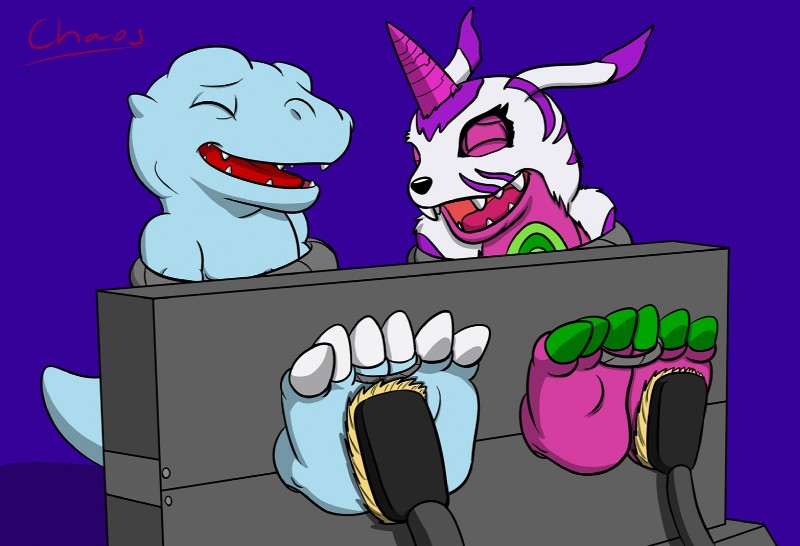 3_toes ambiguous_gender anthro barefoot bdsm bondage bound duo feet hands_behind_back laugh nude plantigrade restrained restraints rope sitting stocks tickle_torture tickling tickling_feet tickling_machine toe_restraints toes toes_tied chaos99 bandai_namco digimon agumon canid canine digimon_(species) gabumon mammal psychemon reptile scalie snowagumon