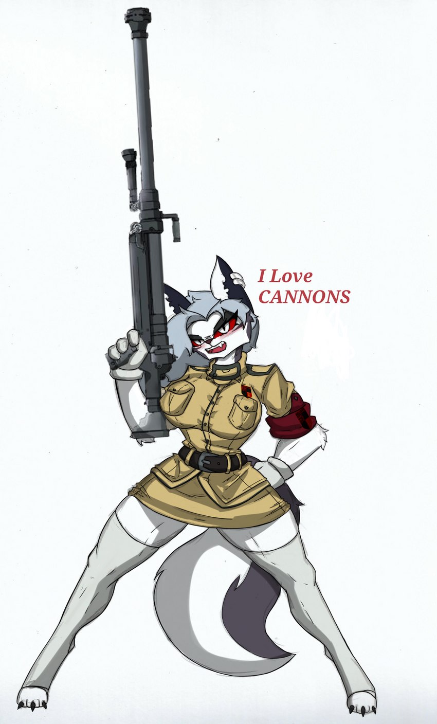 anthro anti-tank_gun big_breasts blush bottomwear breasts cannon clothing ear_piercing ear_ring female fluffy fluffy_tail legwear miniskirt piercing ranged_weapon ring_piercing skirt solo tail thick_thighs thigh_highs uniform weapon pace-maker hellsing hellsing_ultimate helluva_boss mythology loona_(helluva_boss) seras_victoria canid canid_demon canine demon hellhound mammal mythological_canine mythological_creature absurd_res crossover hi_res