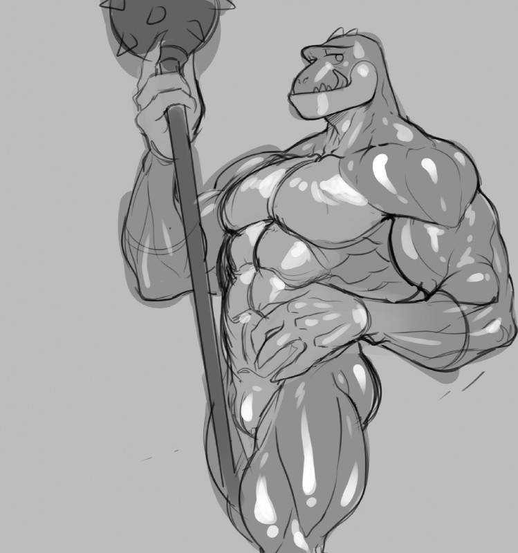 abs anthro grey_background mace male melee_weapon morning_star muscular muscular_anthro muscular_male simple_background solo tongue weapon unknown_artist disney pixar toy_story reptillus_maximus dinosaur prehistoric_species reptile scalie hi_res monochrome