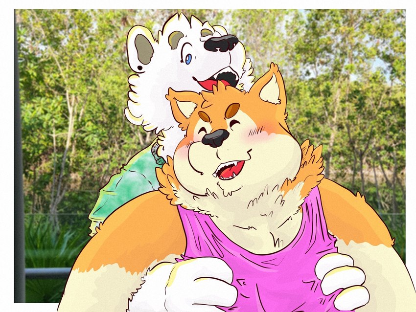 anthro biped black_nose brown_body clothing duo hug hugging_another hugging_from_behind humanoid_hands male open_mouth real shirt slightly_chubby topwear white_body 06junior11 canid canine canis domestic_dog mammal 2023 4:3 hi_res