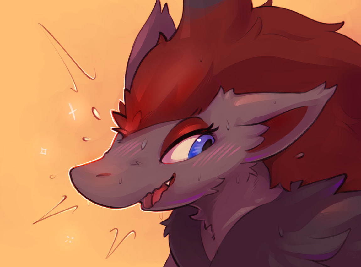 anthro blue_eyes blush eyelashes female fluffy flustered fur grey_body grey_fur hair long_hair looking_at_viewer open_mouth red_hair simple_background snout solo metalisk nintendo pokemon generation_5_pokemon pokemon_(species) zoroark 2024 absurd_res digital_media_(artwork) hi_res