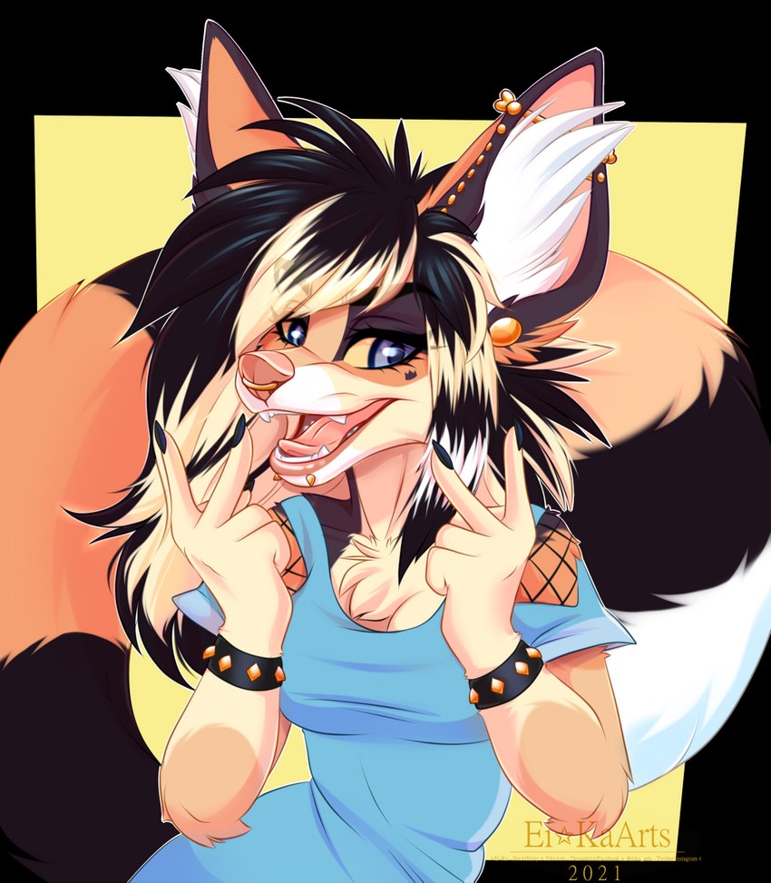 5_fingers alternative_fashion anthro breasts clothed clothing coontail_hair eyebrows eyelashes female fingers fur hair open_mouth scene_(fashion) scene_haircut smile solo teeth tongue ei-ka canid canine mammal 2021 alpha_channel digital_media_(artwork)