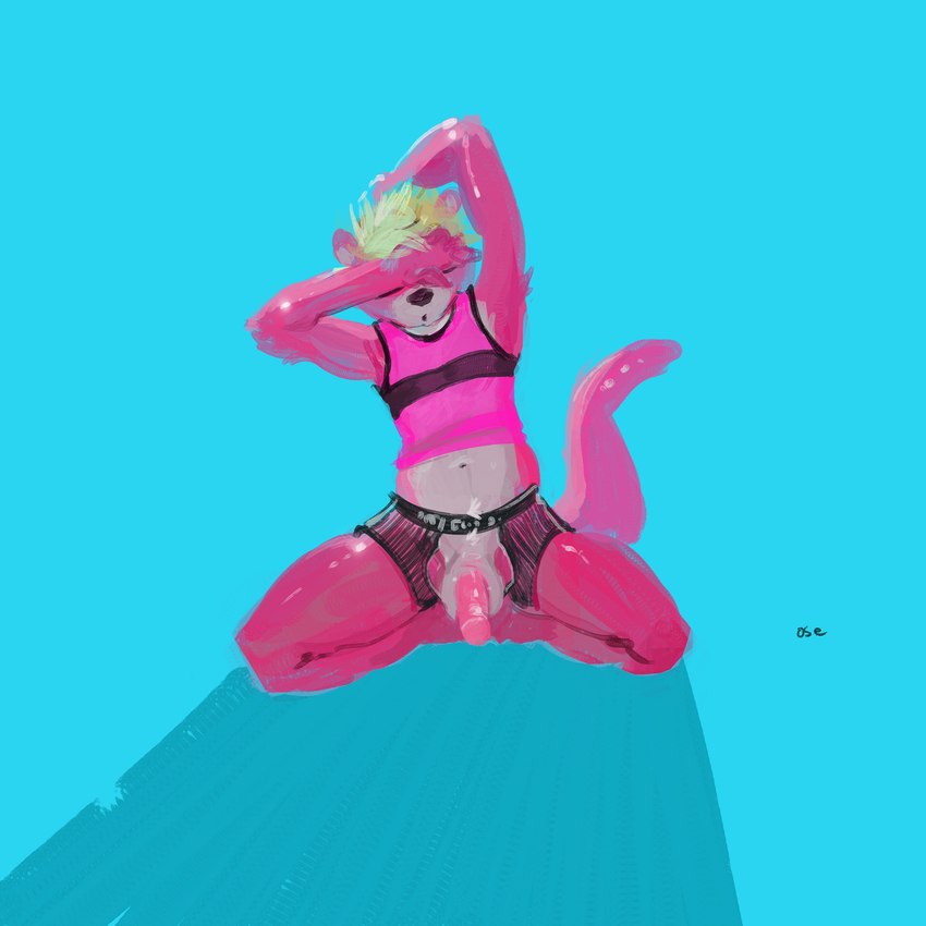 anthro biped black_bottomwear black_clothing black_nose black_topwear blonde_hair bottomwear clothing eyes_closed front_view fur genitals glans hair half-erect hand_behind_back hand_on_face humanoid_genitalia humanoid_penis kneeling male penis pink_body pink_clothing pink_ears pink_fur pink_glans pink_penis pink_tail pink_topwear solo tail topwear white_body white_fur oselotti ottah mammal mustelid otter 1:1 absurd_res hi_res